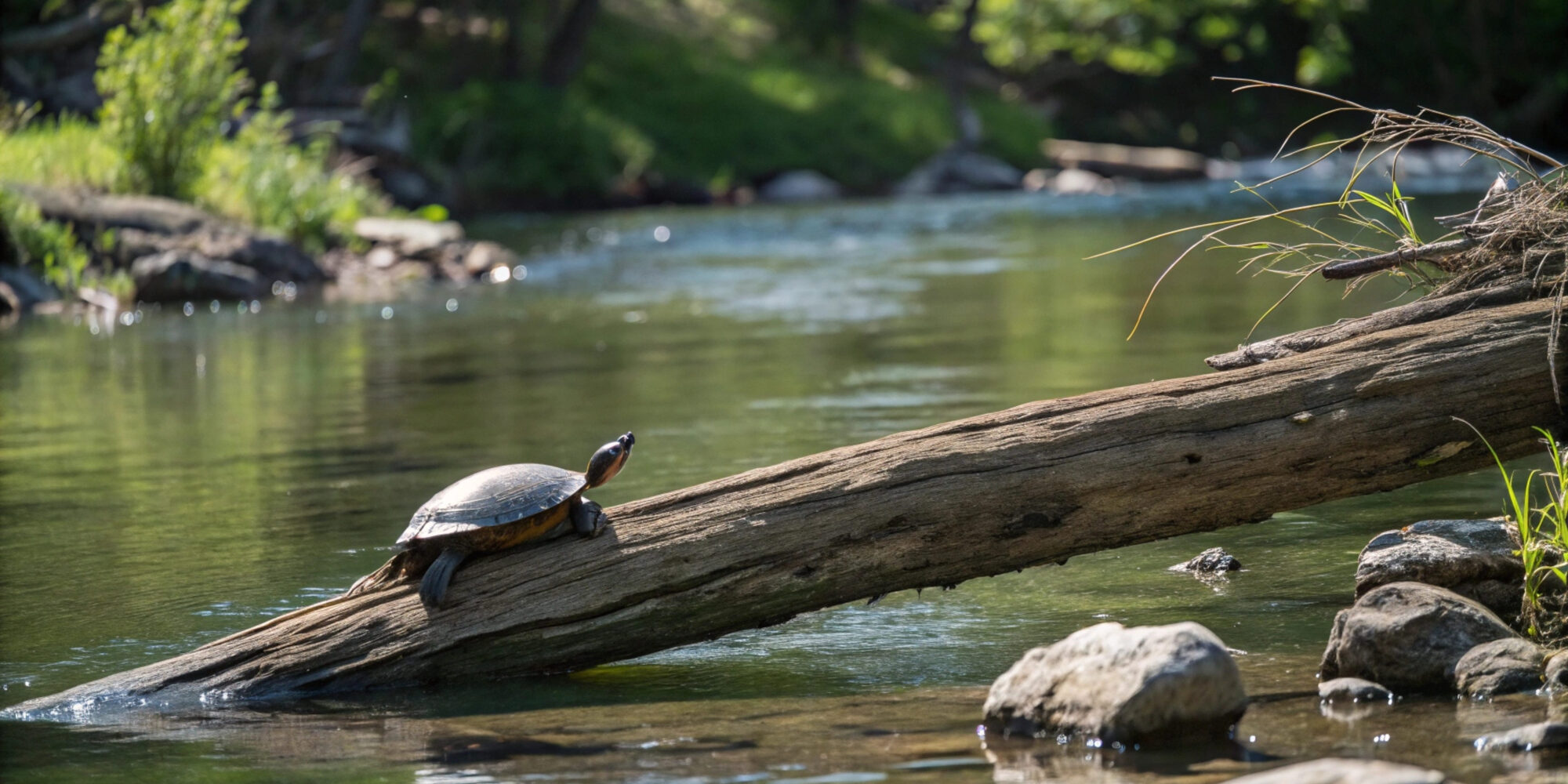 Turtle on a log in the middle of a forest river.